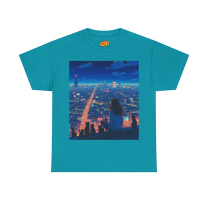 Anime Cityscape Night Sky Scene w/Girl & Cats T-Shirt