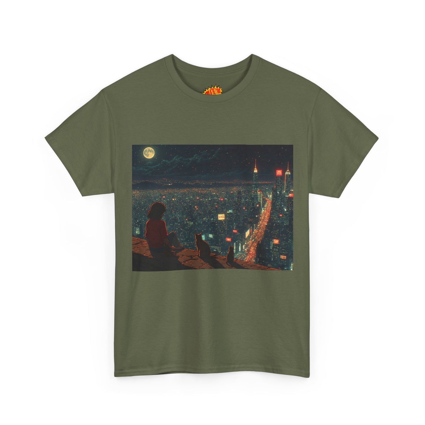 Anime Nighttime Cityscape w/Cats T-Shirt *Multiple Colors*