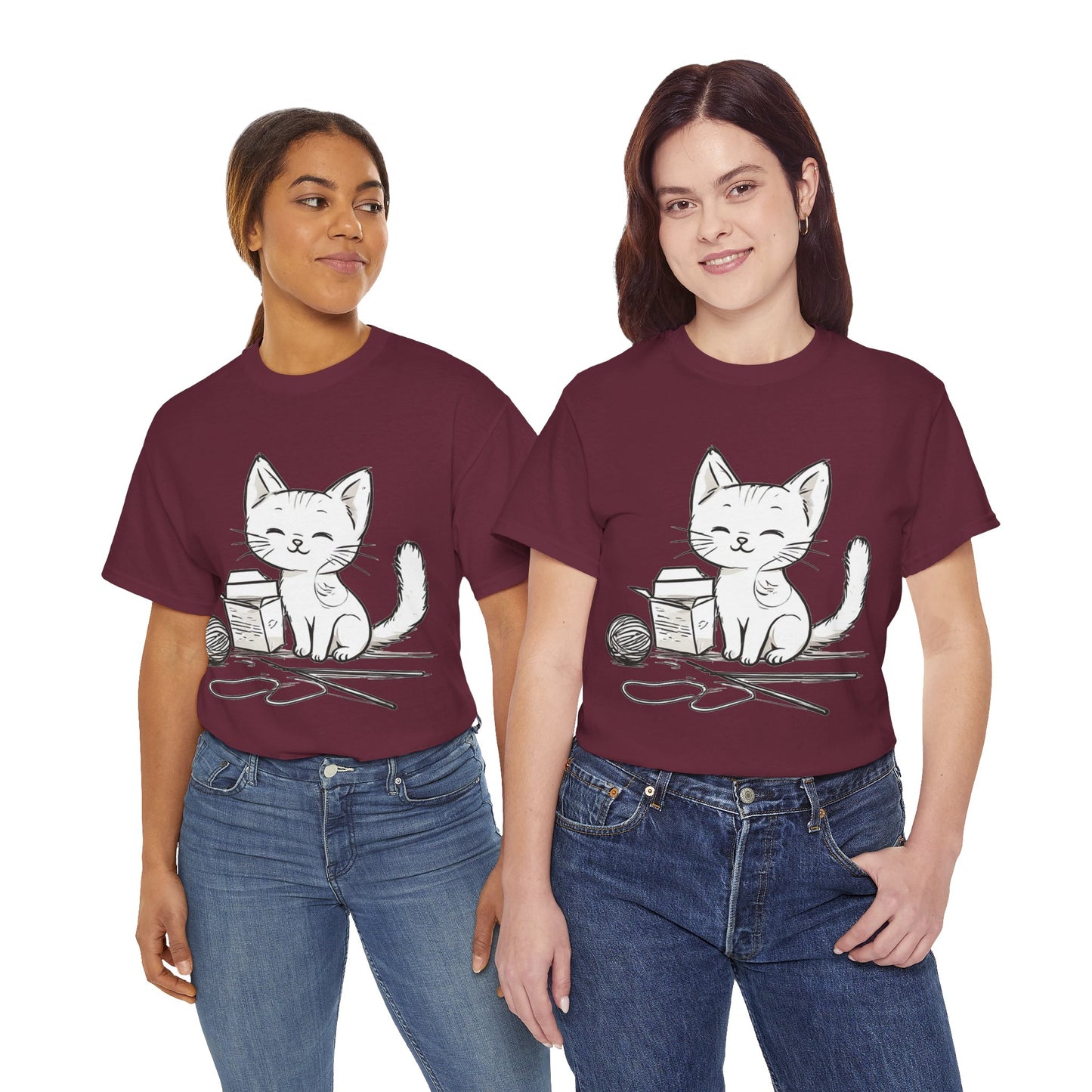 White Cat w/Takeout Yarn Art Tee Shirt *Multiple Colors*
