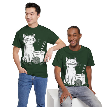 Happy Cat w/Noodles + Yarn Ball Art Drawing Tee Shirt