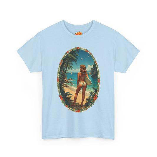 Vintage Style Sufer Girl Beach Scene T-Shirt *Multiple Colors*