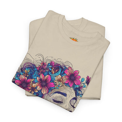 Multicolor Line Drawing Human Flower Graphic Art Tee Shirt
