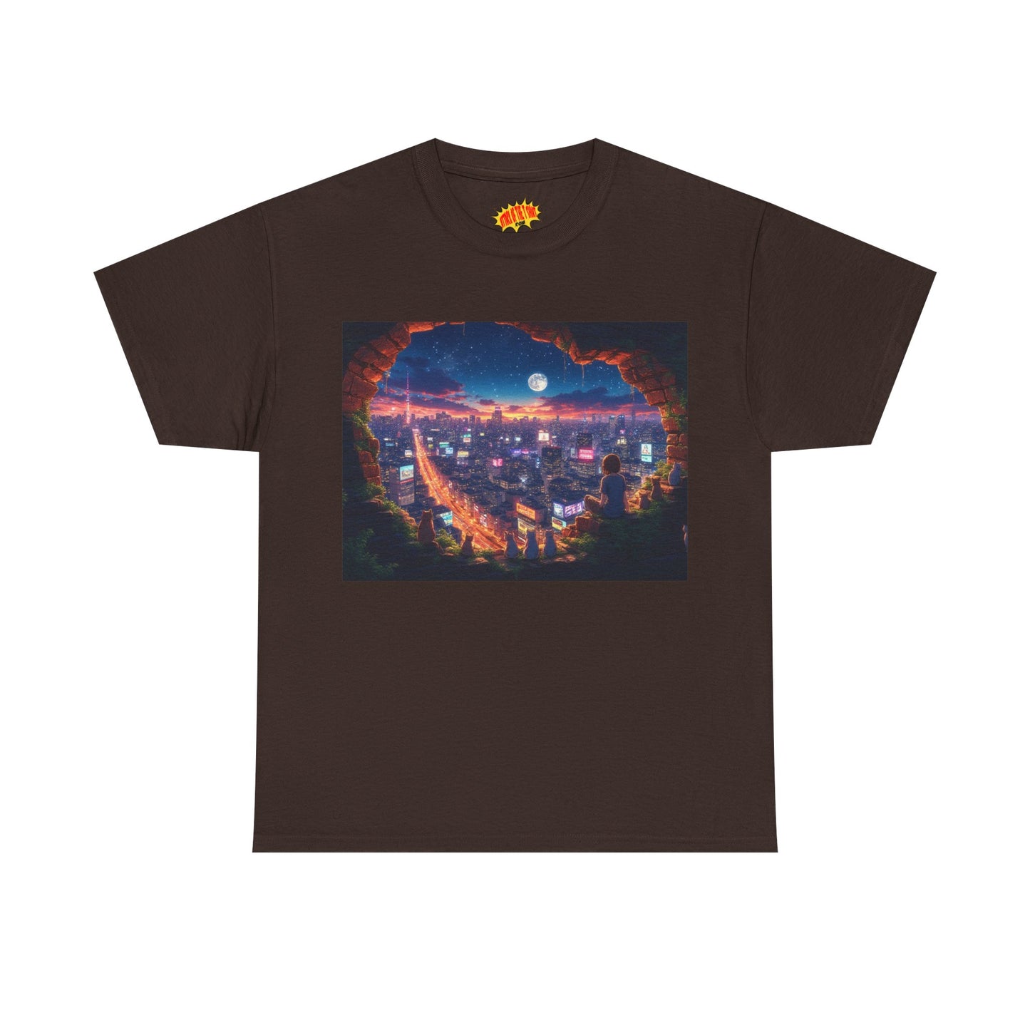 Anime Neon City Nighttime Scene w/Girl & Cats T-Shirt *Multiple Colors*