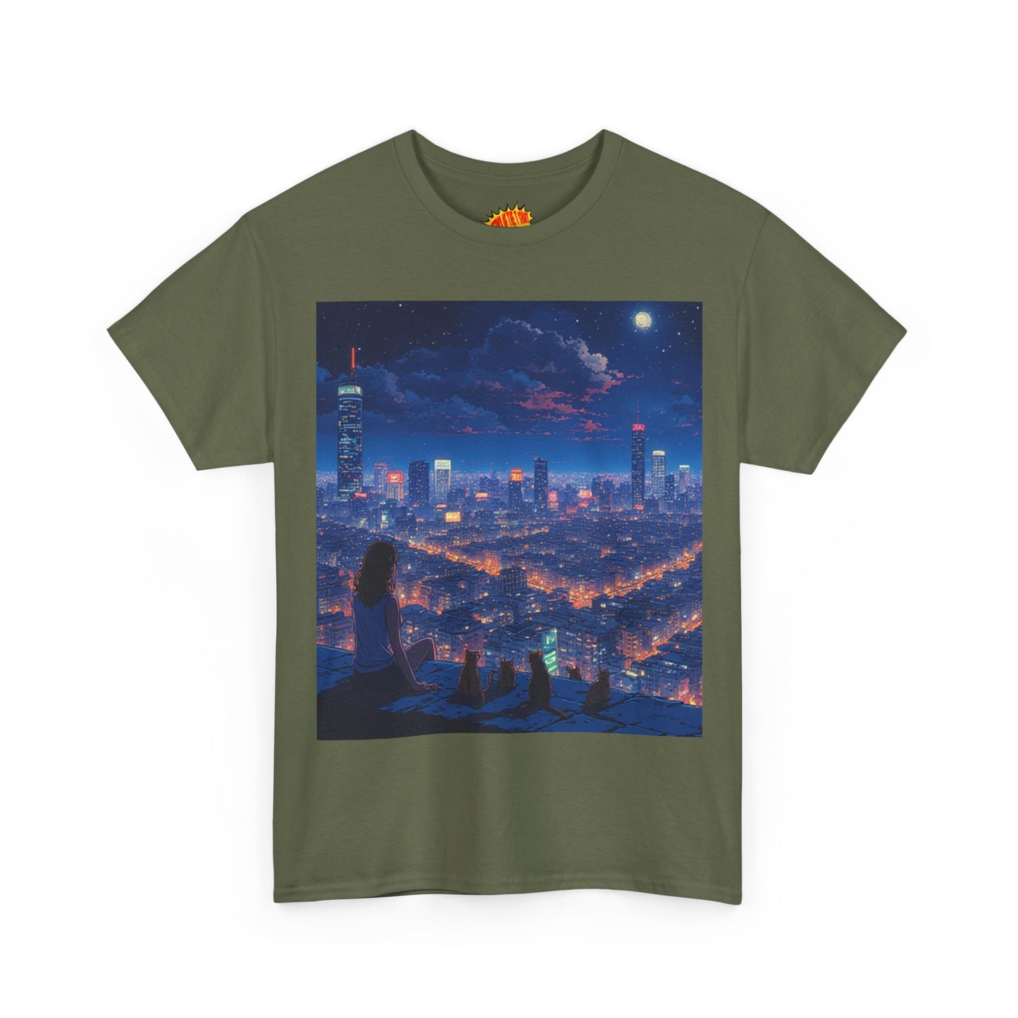 Neon Anime Cityscape Scene w/Girl & Cats T-Shirt *Multiple Colors*