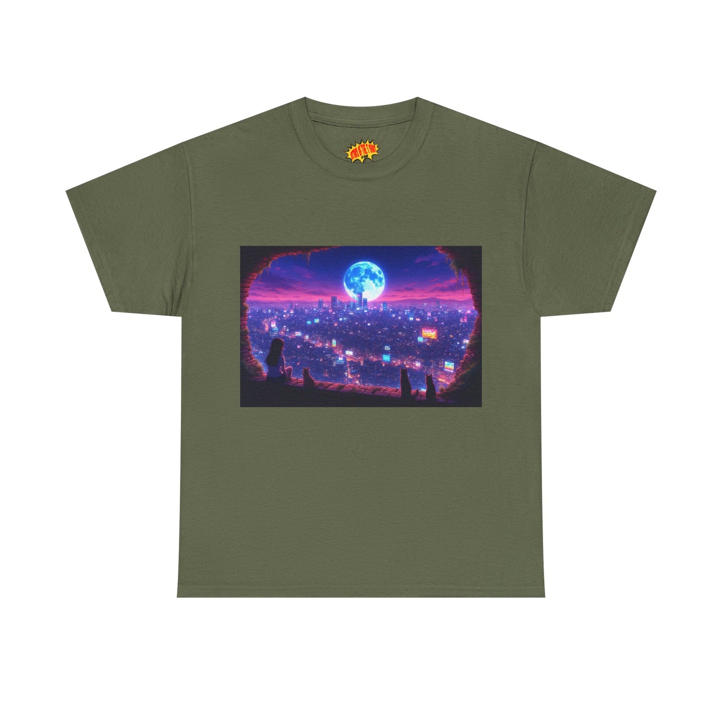 Neon Anime Cityscape Full Moon Scene w/Girl & Cats T-Shirt *Multiple Colors*