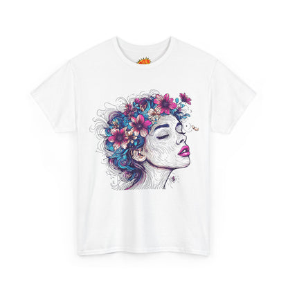 Multicolor Line Drawing Human Flower Graphic Art Tee Shirt