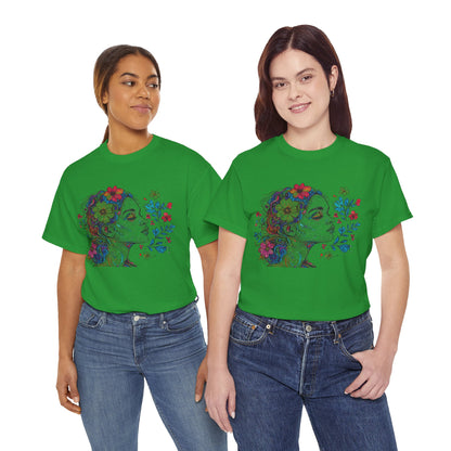Multicolor Line Drawing Human Graphic Flower Art Tee Shirt