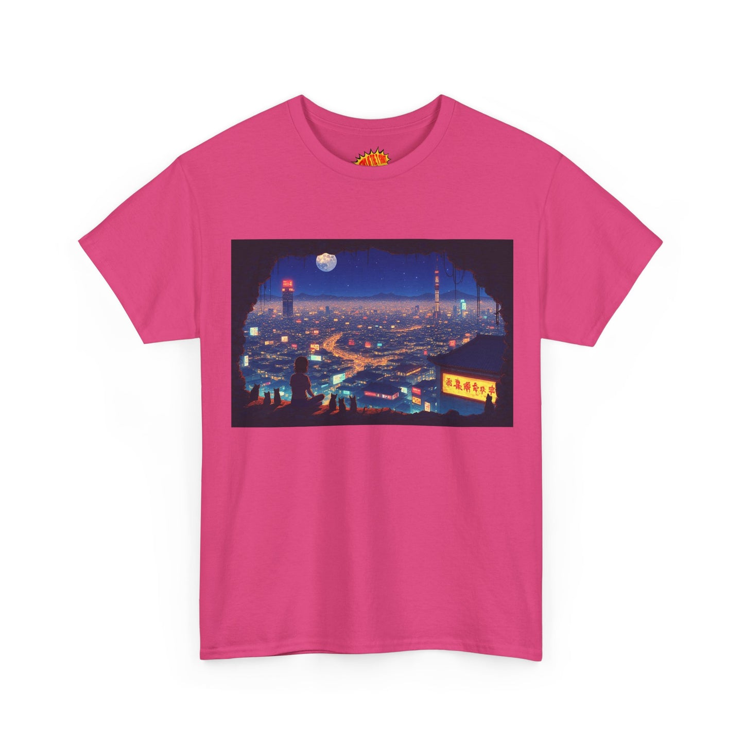 Anime Neon Cityscape Scene w/Girl & Cats T-Shirt *Multiple Colors*