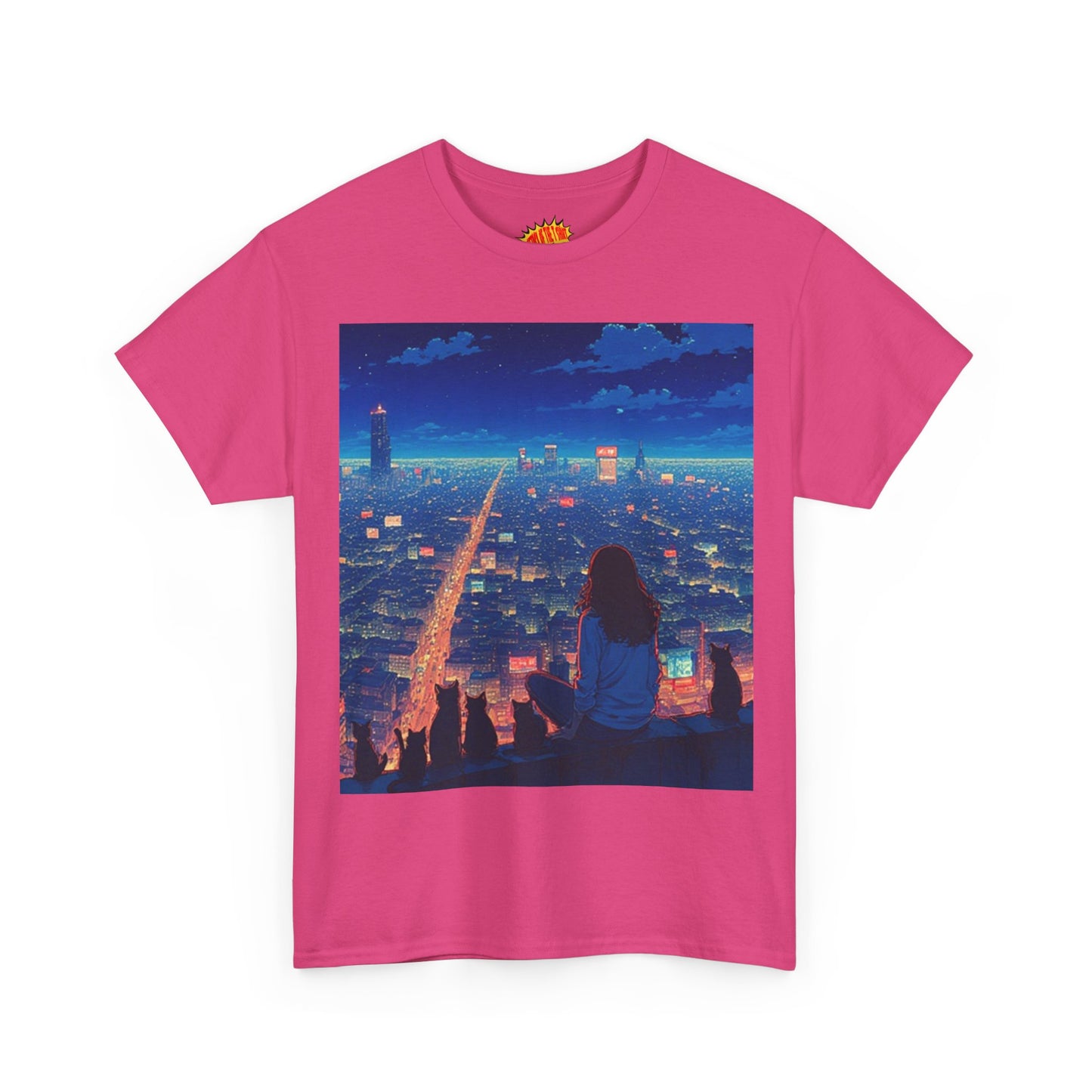 Anime Cityscape Night Sky Scene w/Girl & Cats T-Shirt *Multiple Colors*