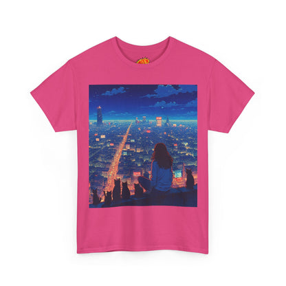 Anime Cityscape Night Sky Scene w/Girl & Cats T-Shirt