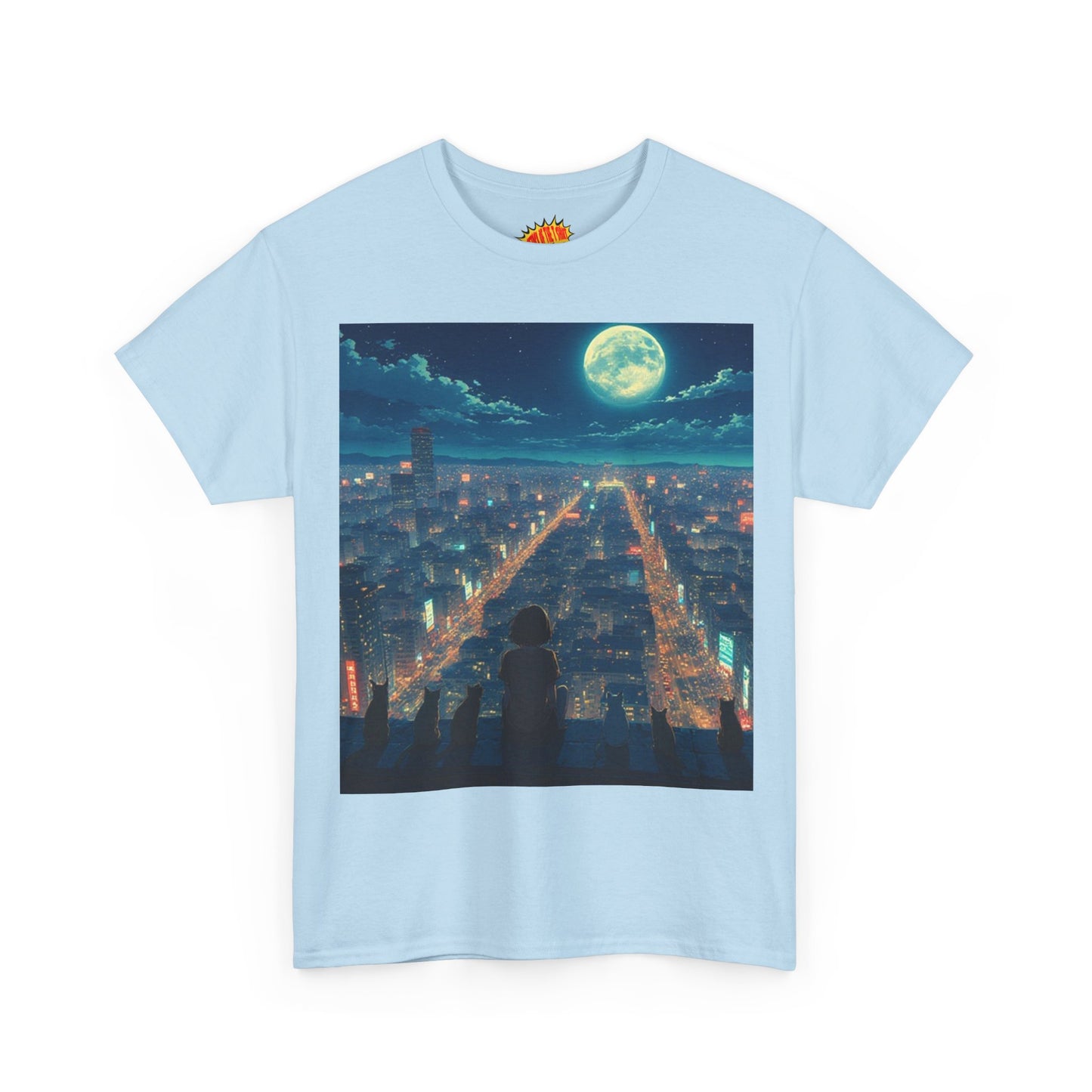 Anime City Full Moon Scene w/Girl & Cats T-Shirt *Multiple Colors*