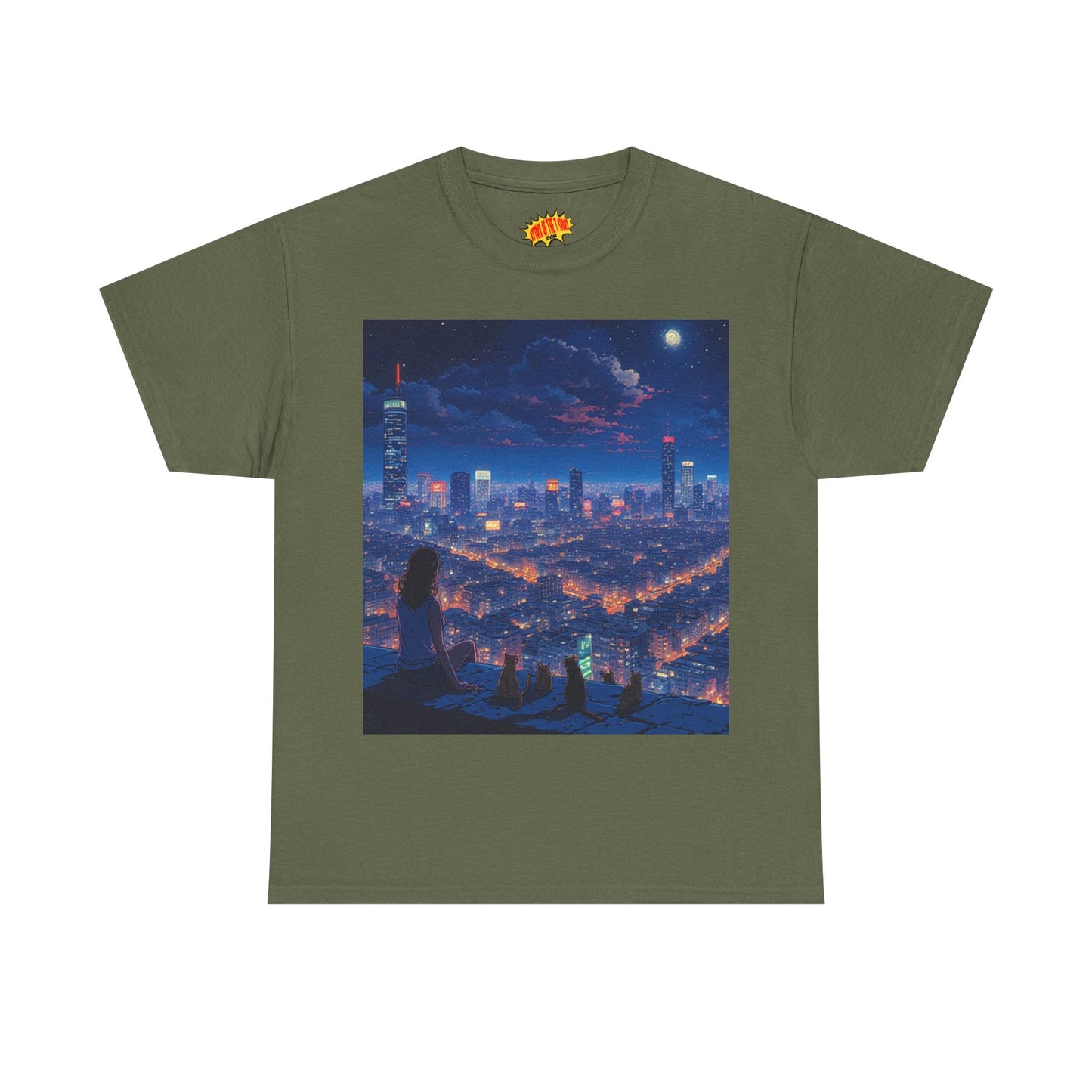 Neon Anime Cityscape Scene w/Girl & Cats T-Shirt *Multiple Colors*