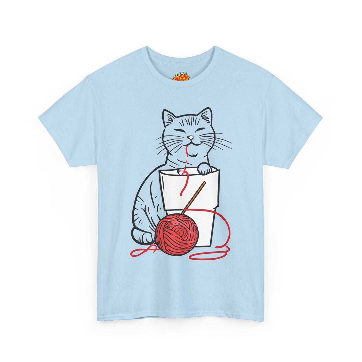 Cat w/Noodle Cup + Yarn Ball Art Drawing Tee Shirt *Multiple Colors*