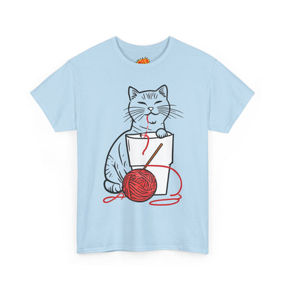 Cat w/Noodle Cup + Yarn Ball Art Drawing Tee Shirt