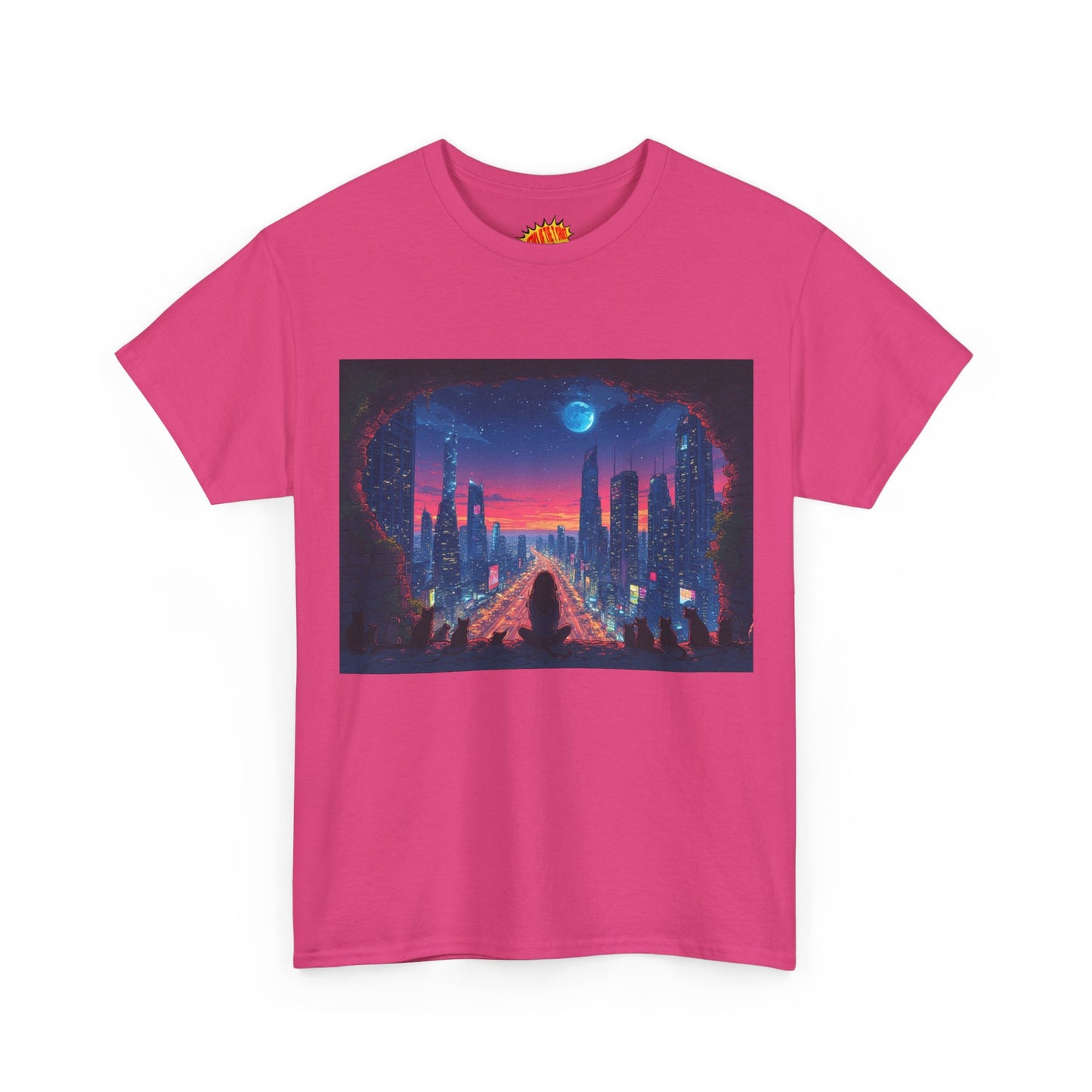 Anime Neon Cityscape Full Moon w/Girl & Cats T-Shirt *Multiple Colors*