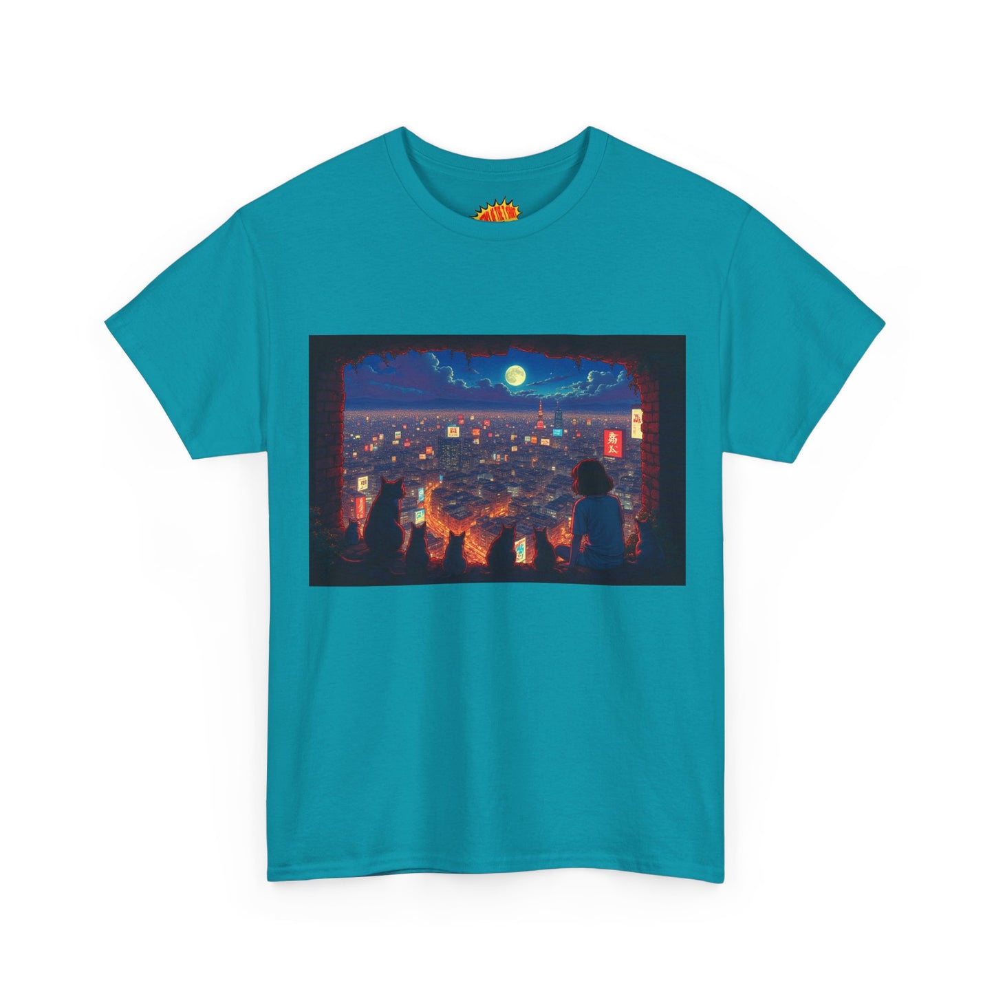 Cityscape Anime Nighttime Scene w/Girl & Cats T-Shirt *Multiple Colors*