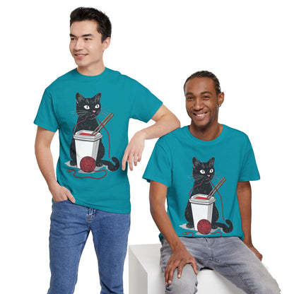 Black Cat w/Noodles + Yarn Ball Art Drawing Tee Shirt