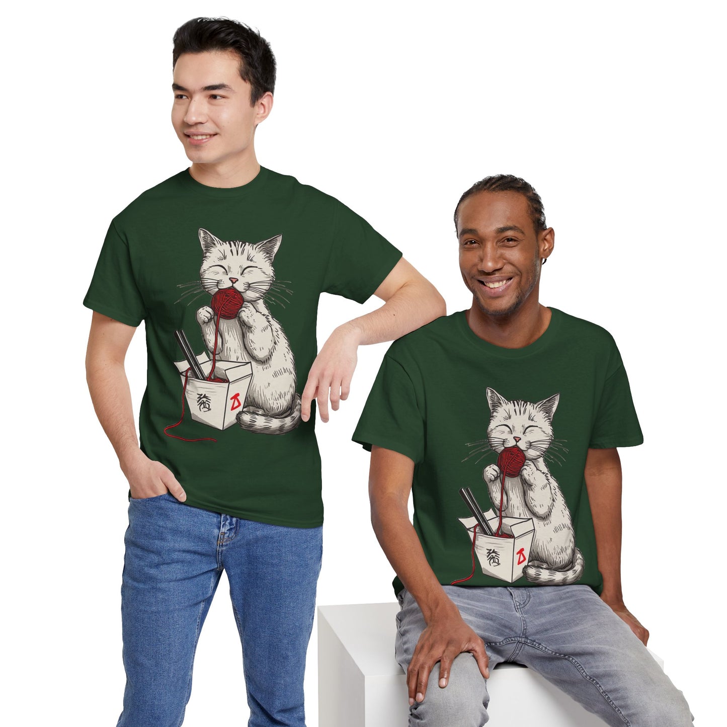 Cat w/Takeout Yarn Noodles Art Tee Shirt *Multiple Colors*