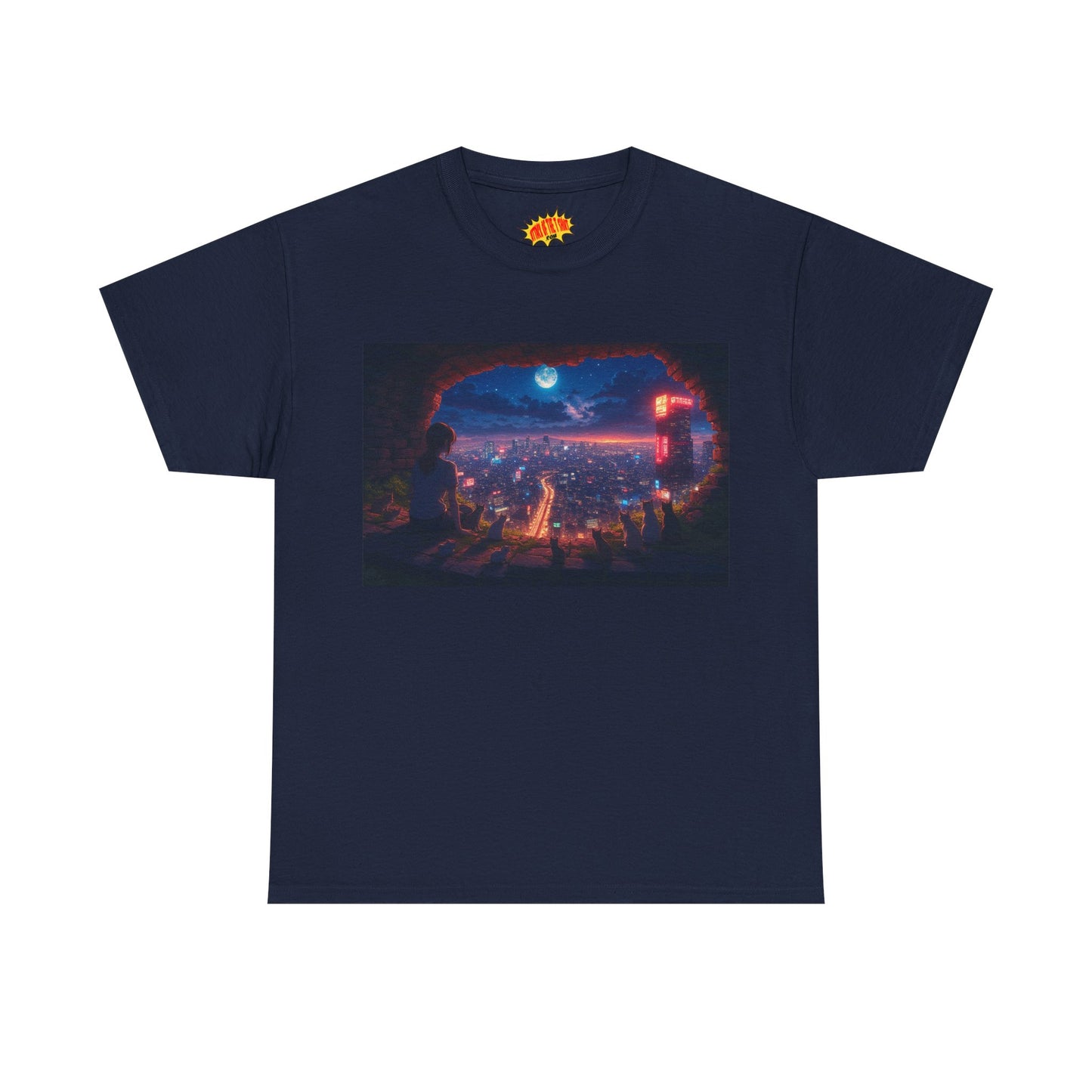 Anime Neon Cityscape Nighttime Scene w/Girl & Cats T-Shirt *Multiple Colors*