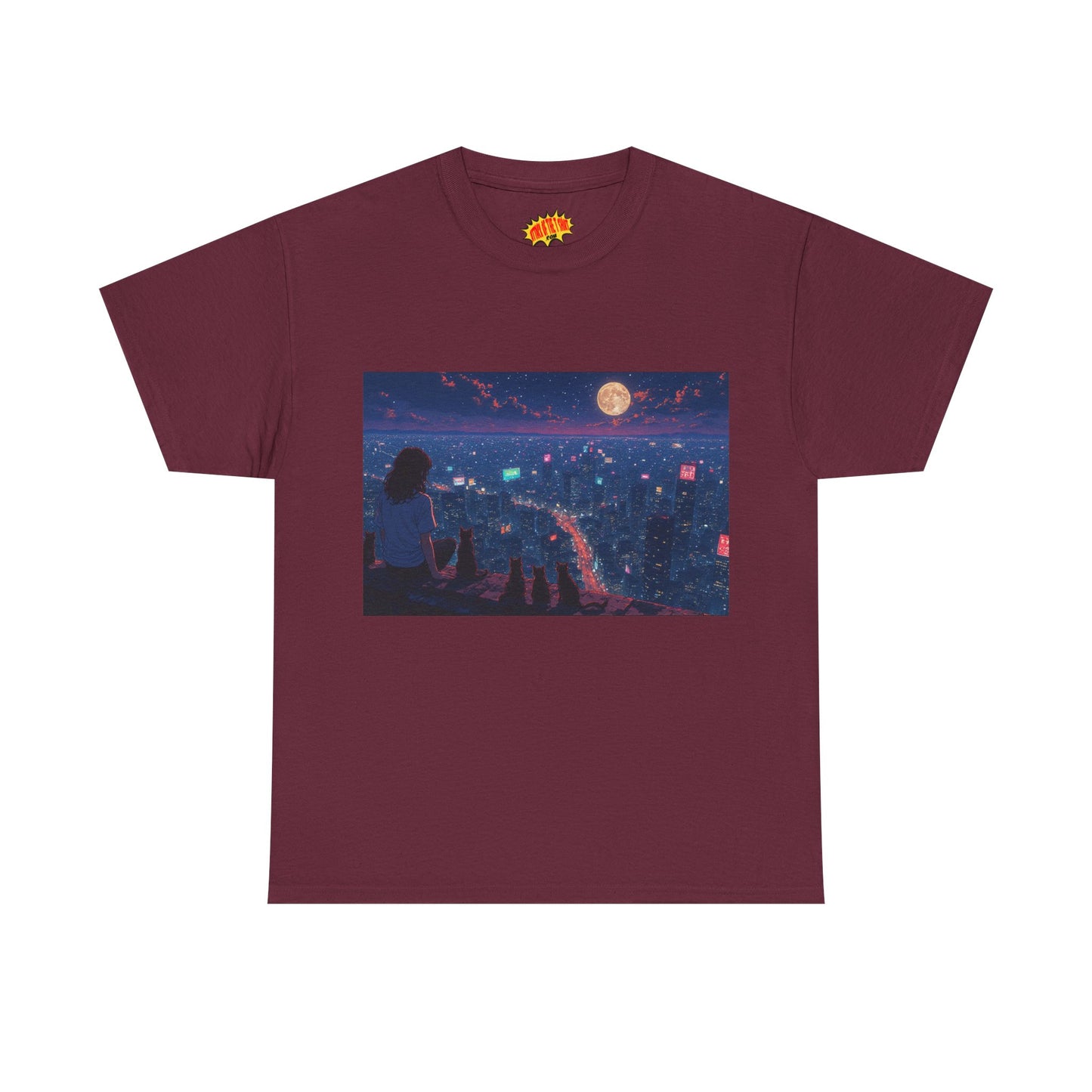 Anime Nighttime Cityscape w/Girl & Cats T-Shirt *Multiple Colors*
