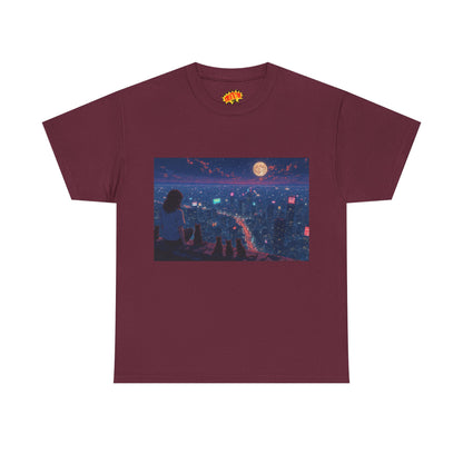 Anime Nighttime Cityscape w/Girl & Cats T-Shirt