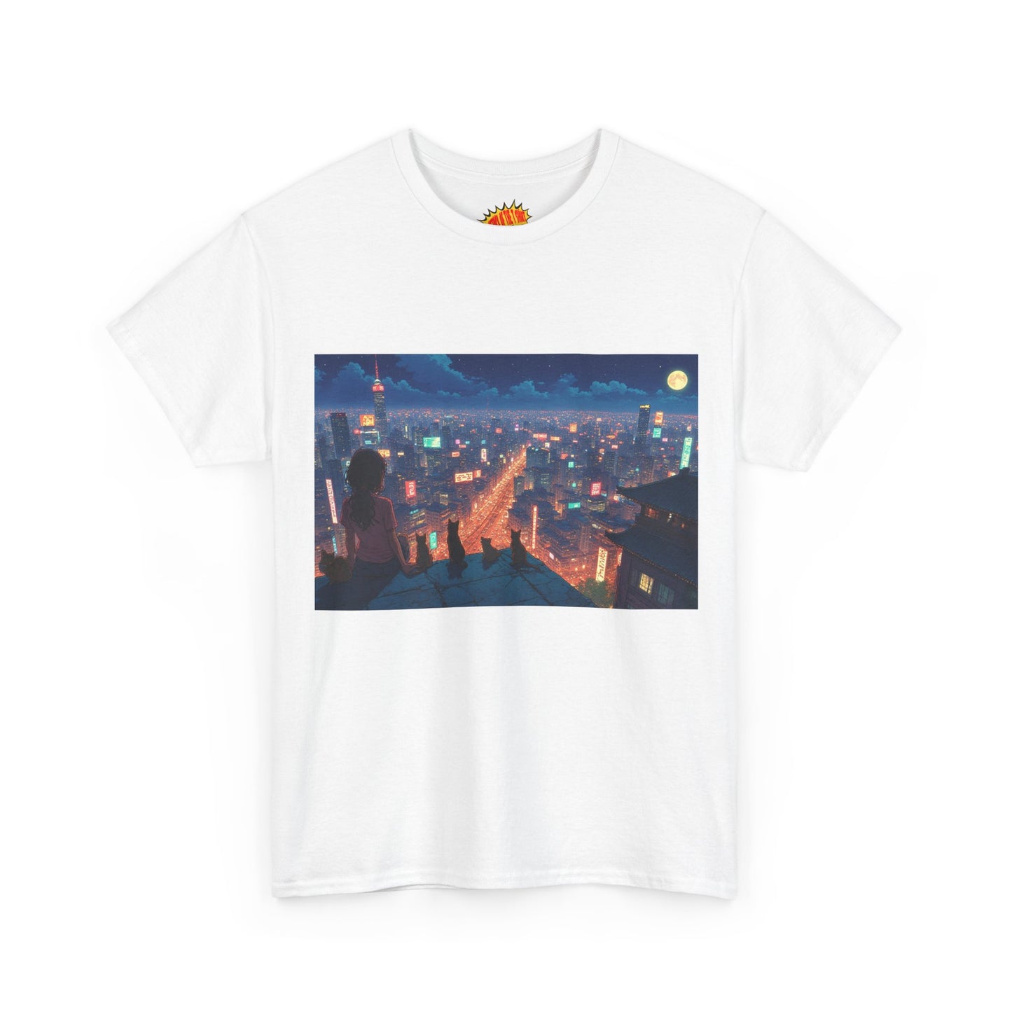 Anime Neon Cityscape Scene w/Girl & Cats T-Shirt *Multiple Colors*
