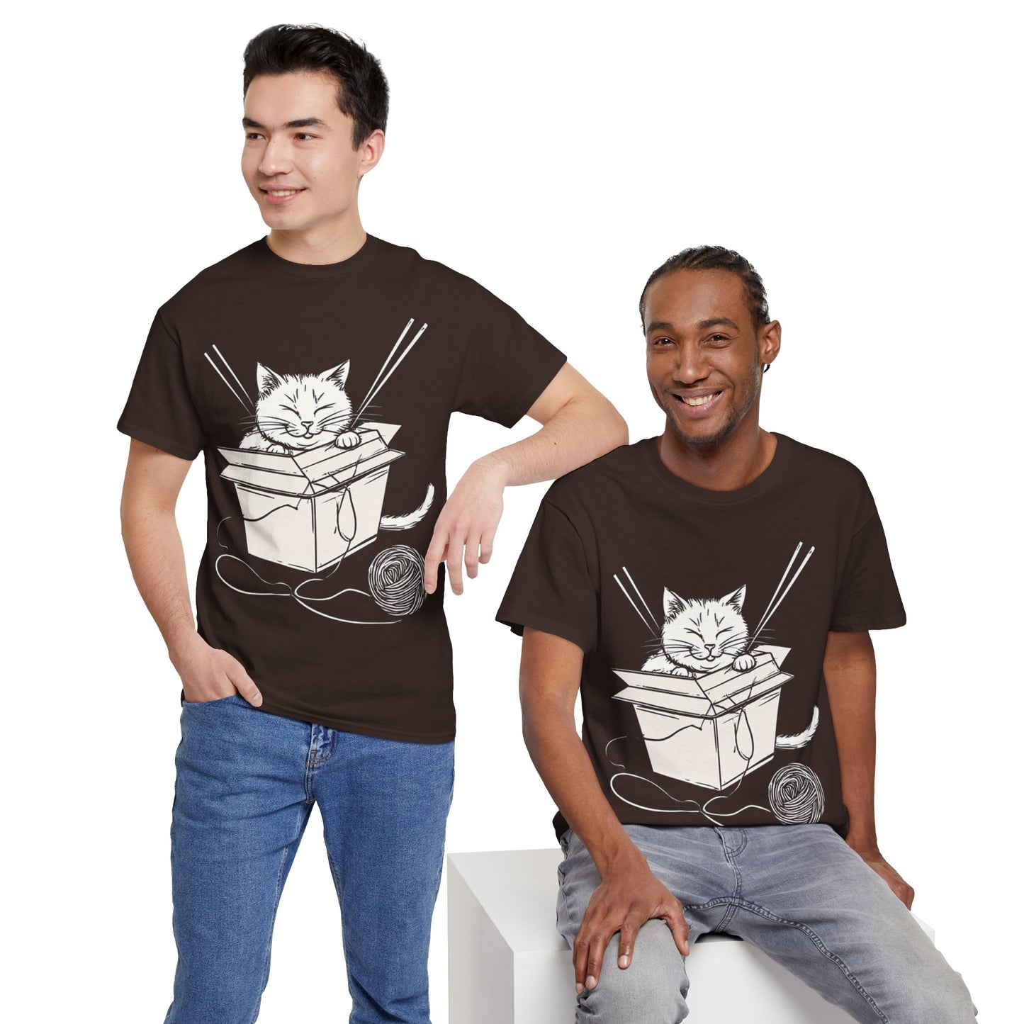 Cat w/Box + Yarn Ball Art Drawing Tee Shirt *Multiple Colors*