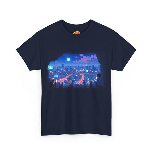 Anime Neon Cityscape Night Scene w/Girl & Cats T-Shirt *Multiple Colors*