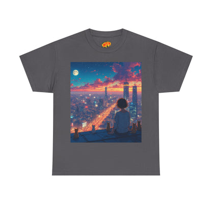 Neon City Anime Nighttime Scene w/Cats T-Shirt