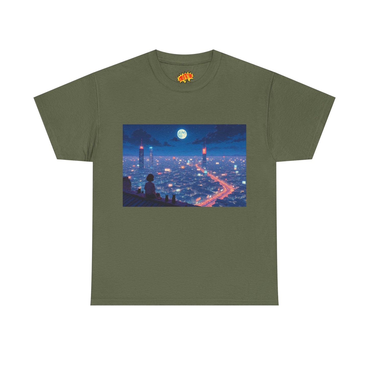 Anime Neon City Full Moon Scene w/Girl & Cats T-Shirt *Multiple Colors*