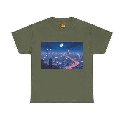 Anime Neon City Full Moon Scene w/Girl & Cats T-Shirt