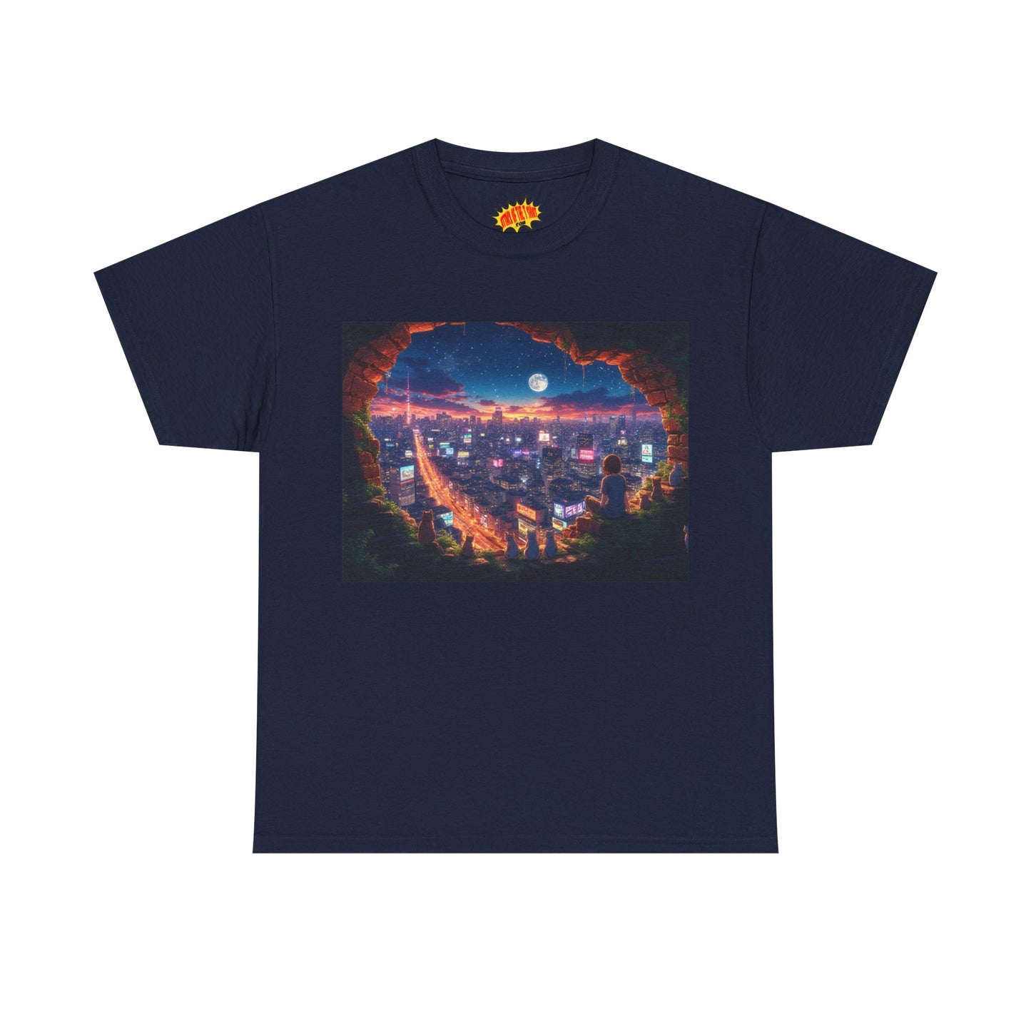 Anime Neon City Nighttime Scene w/Girl & Cats T-Shirt *Multiple Colors*