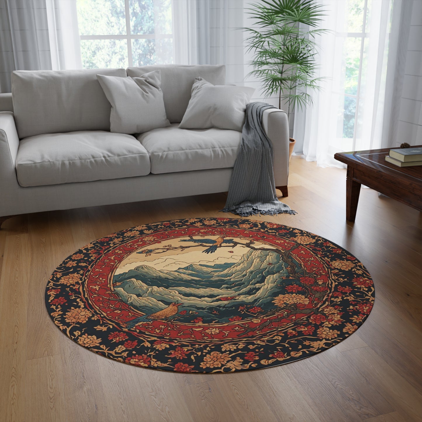 Oriental Style Rug w/Birds + Flowers - 60in Diameter Round Carpet 6