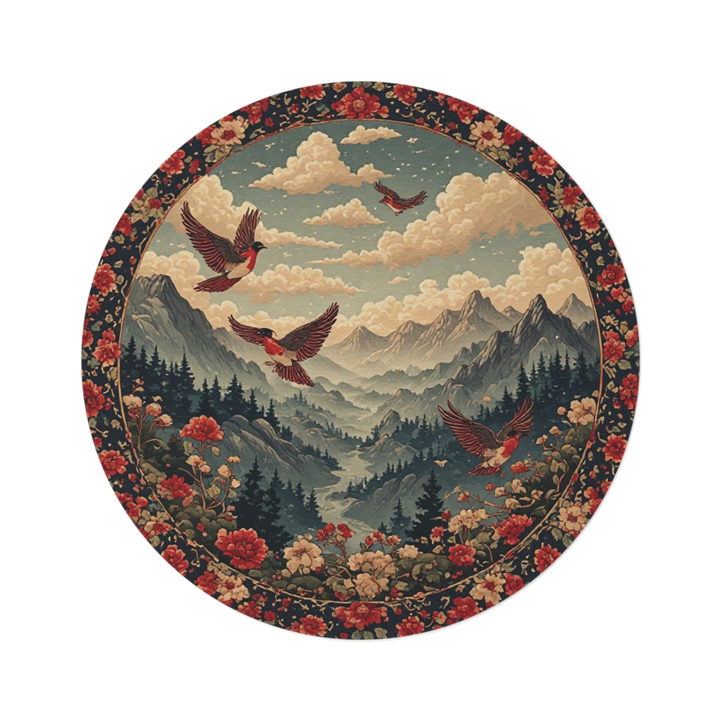 Oriental Style Rug w/Birds + Flowers - 60in Diameter Round Carpet 4