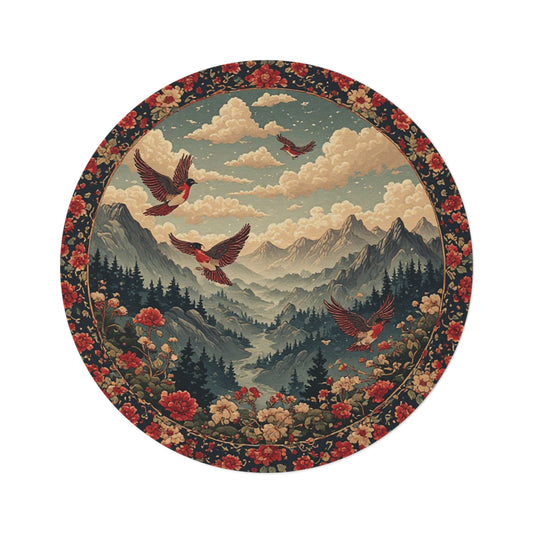 Oriental Style Rug w/Birds + Flowers - 60in Diameter Round Carpet 4
