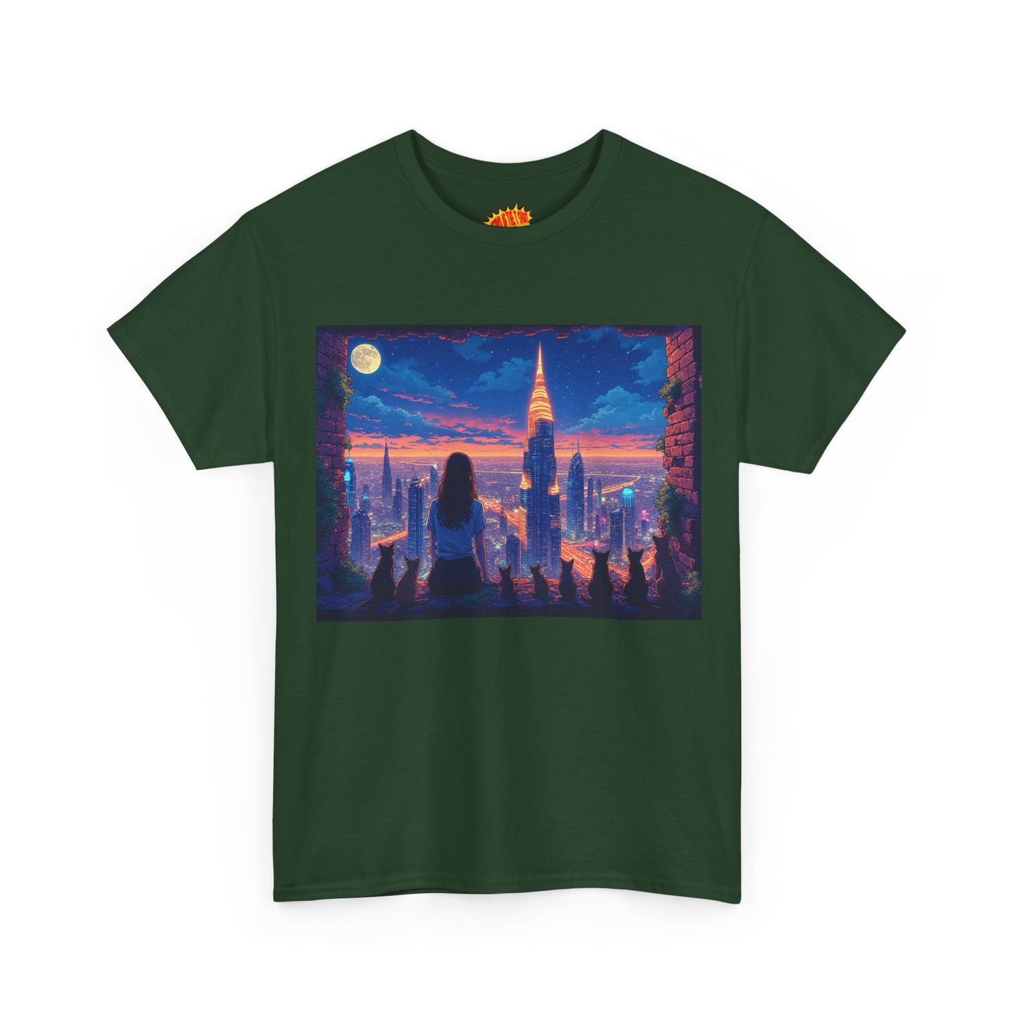 Anime Neon City Full Moon Scene w/Girl & Cats T-Shirt *Multiple Colors*