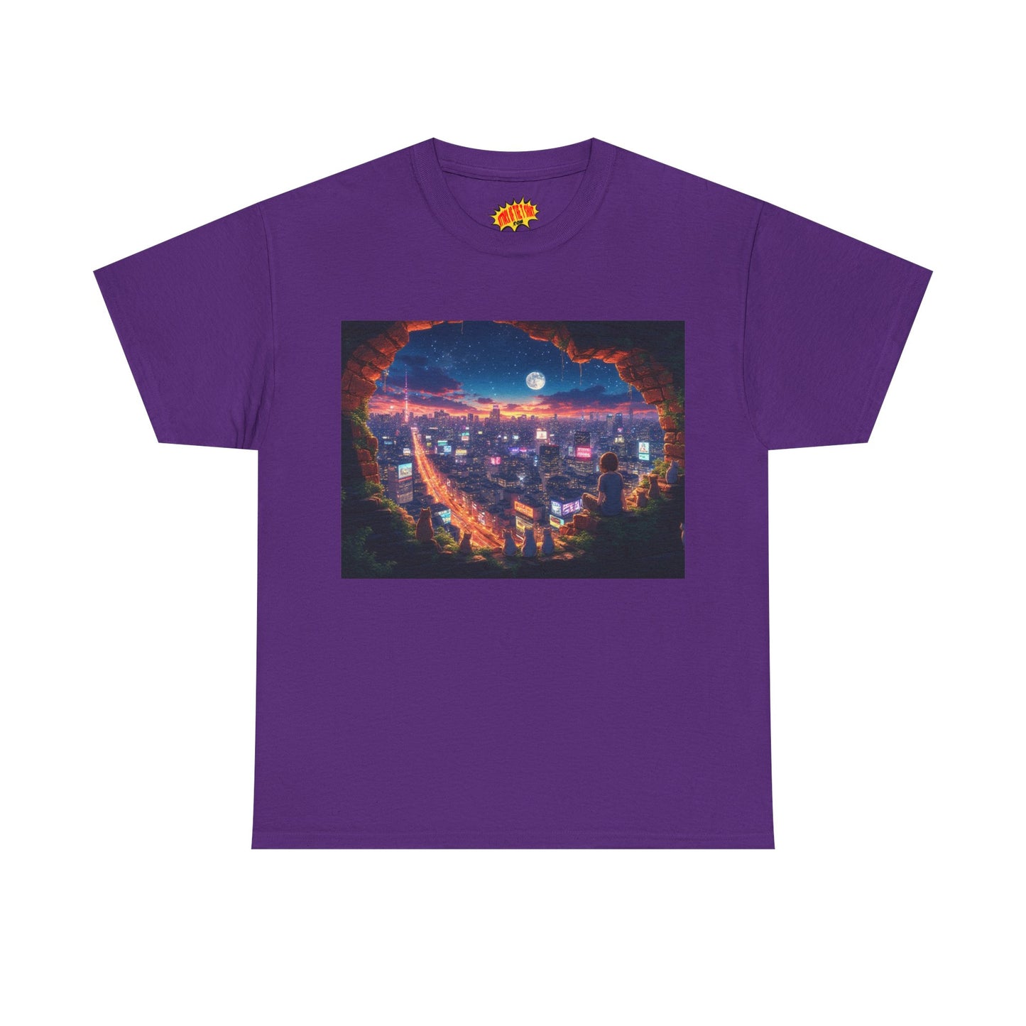 Anime Neon City Nighttime Scene w/Girl & Cats T-Shirt *Multiple Colors*