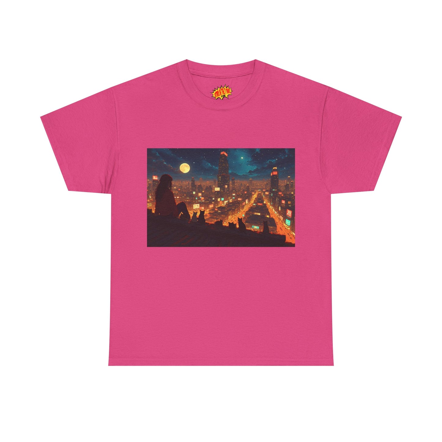 Anime Style Neon City Scene w/Girl & Cats T-Shirt *Multiple Colors*