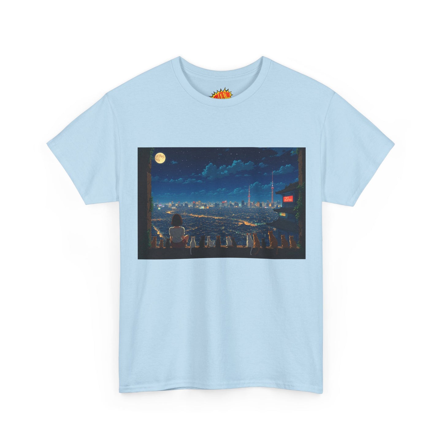 Anime City Night Sky Scene w/Girl & Cats T-Shirt *Multiple Colors*