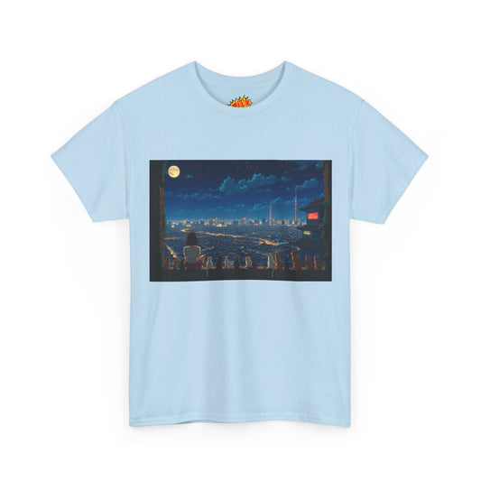 Anime City Night Sky Scene w/Girl & Cats T-Shirt *Multiple Colors*