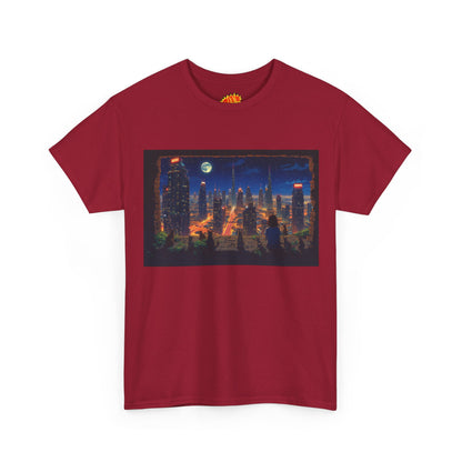 Neon Anime Cityscape Full Moon w/Girl & Cats T-Shirt