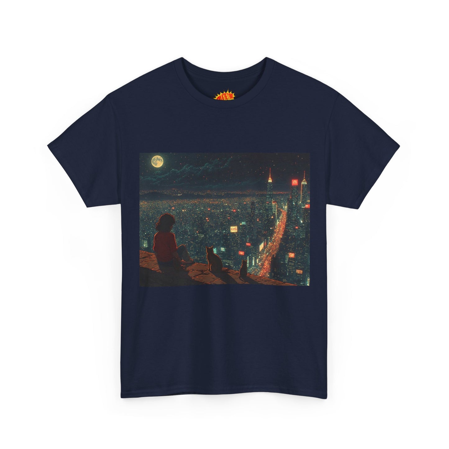 Anime Nighttime Cityscape w/Cats T-Shirt *Multiple Colors*