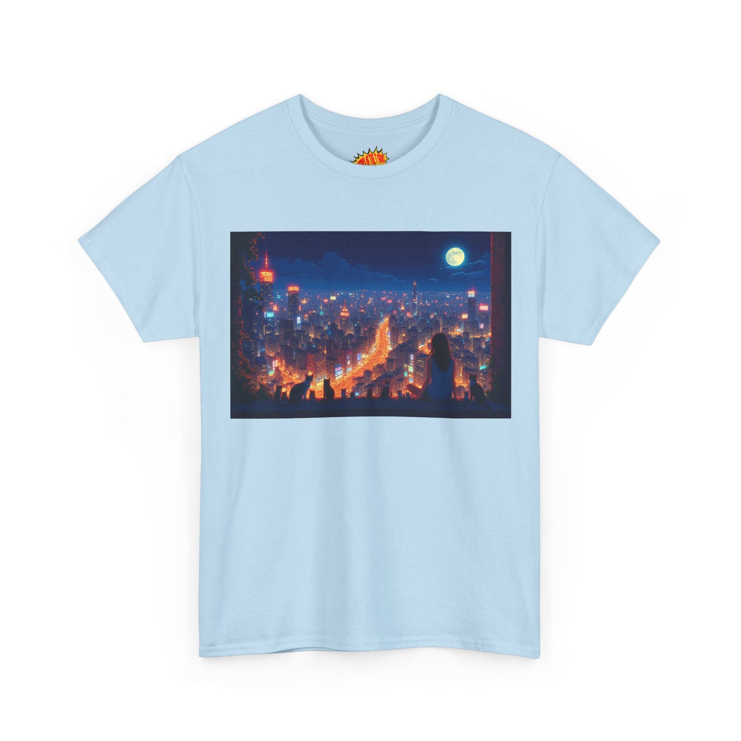 Anime City Night Scene w/Girl & Cats T-Shirt *Multiple Colors*