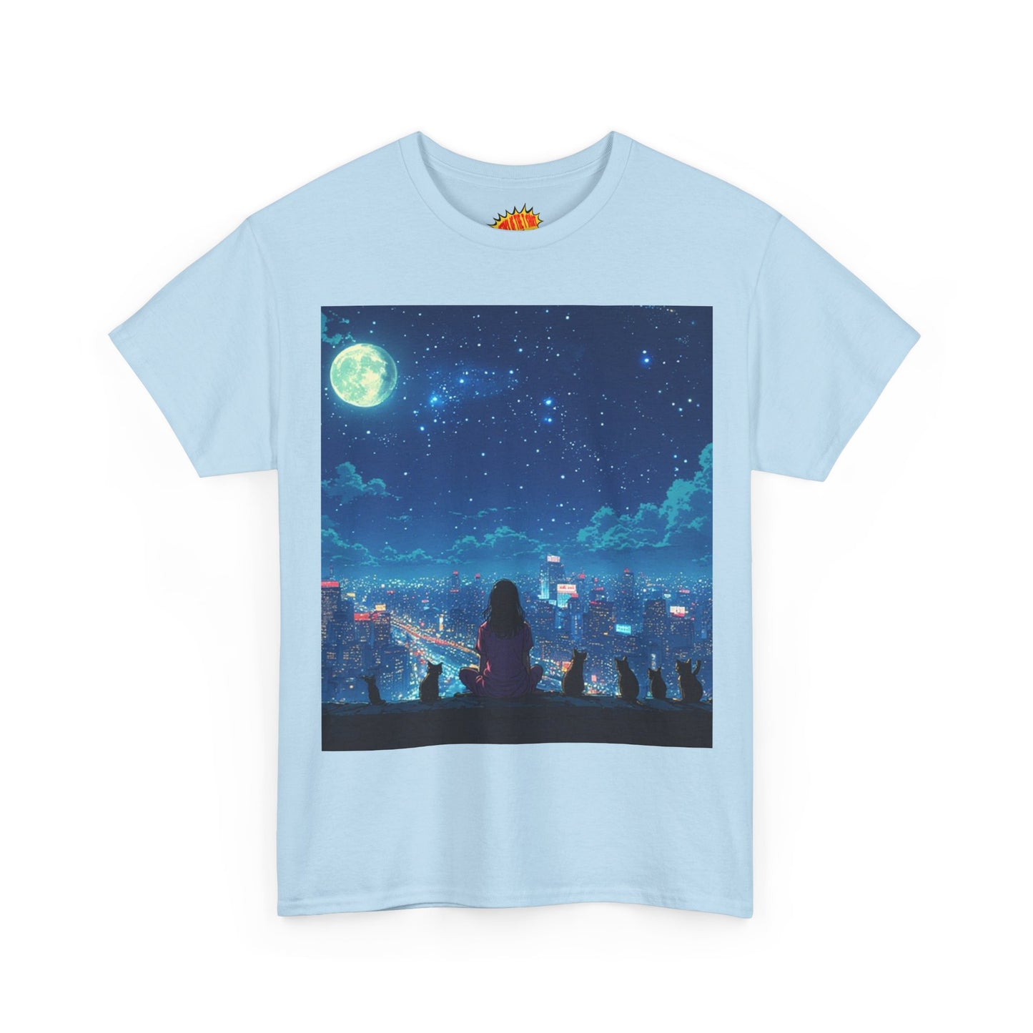 Anime Full Moon City Scene w/Girl & Cats T-Shirt *Multiple Colors*