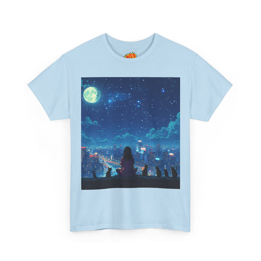 Anime Full Moon City Scene w/Girl & Cats T-Shirt *Multiple Colors*