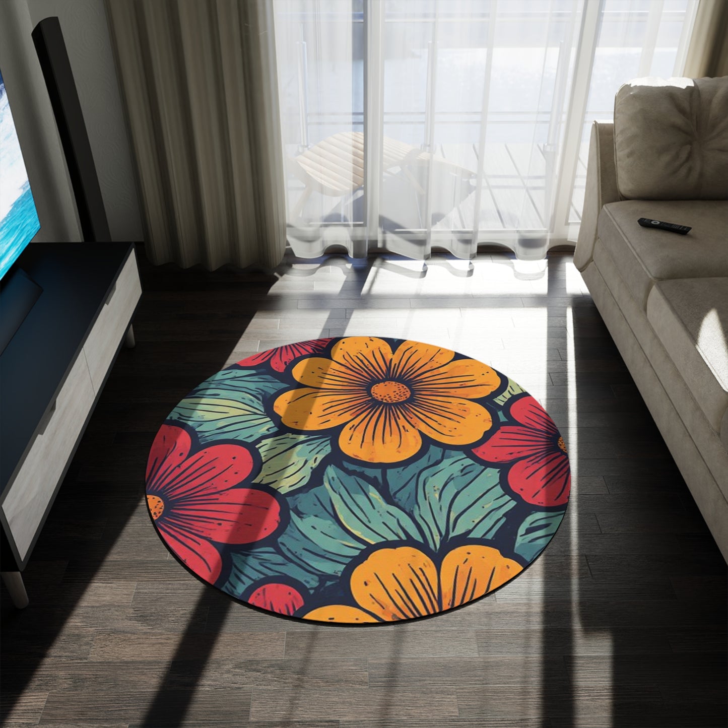 Retro Flower Pattern 60's/70's Style Area Rug - 60in Diameter Round Rug 7