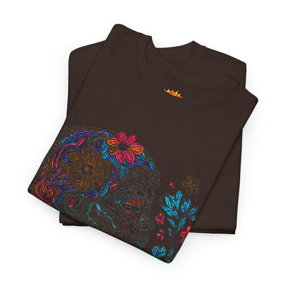 Multicolor Line Drawing Human Graphic Flower Art Tee Shirt