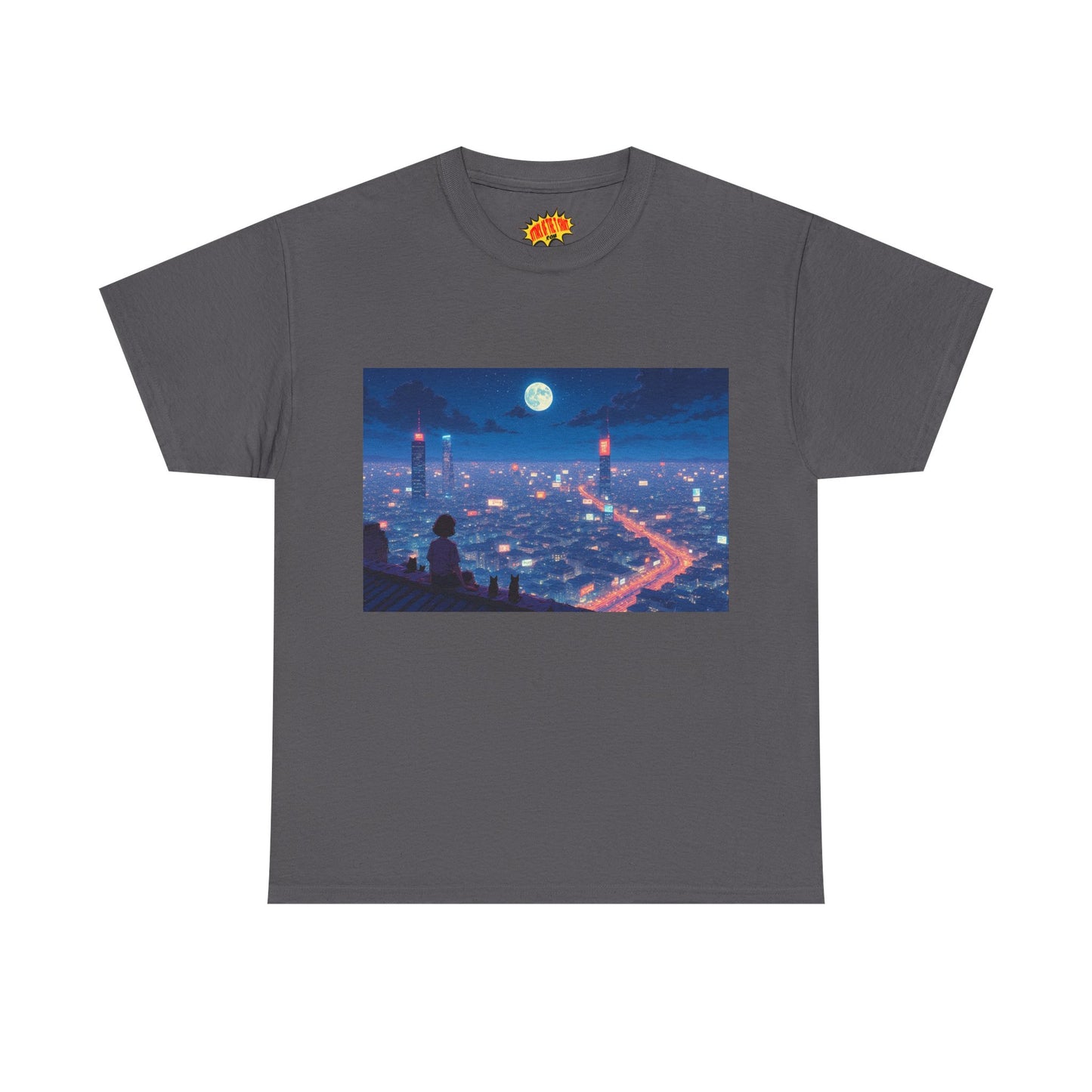 Anime Neon City Full Moon Scene w/Girl & Cats T-Shirt *Multiple Colors*