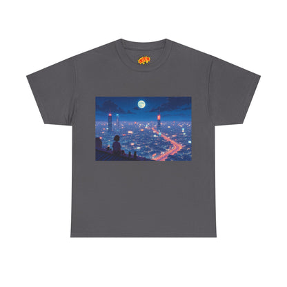 Anime Neon City Full Moon Scene w/Girl & Cats T-Shirt