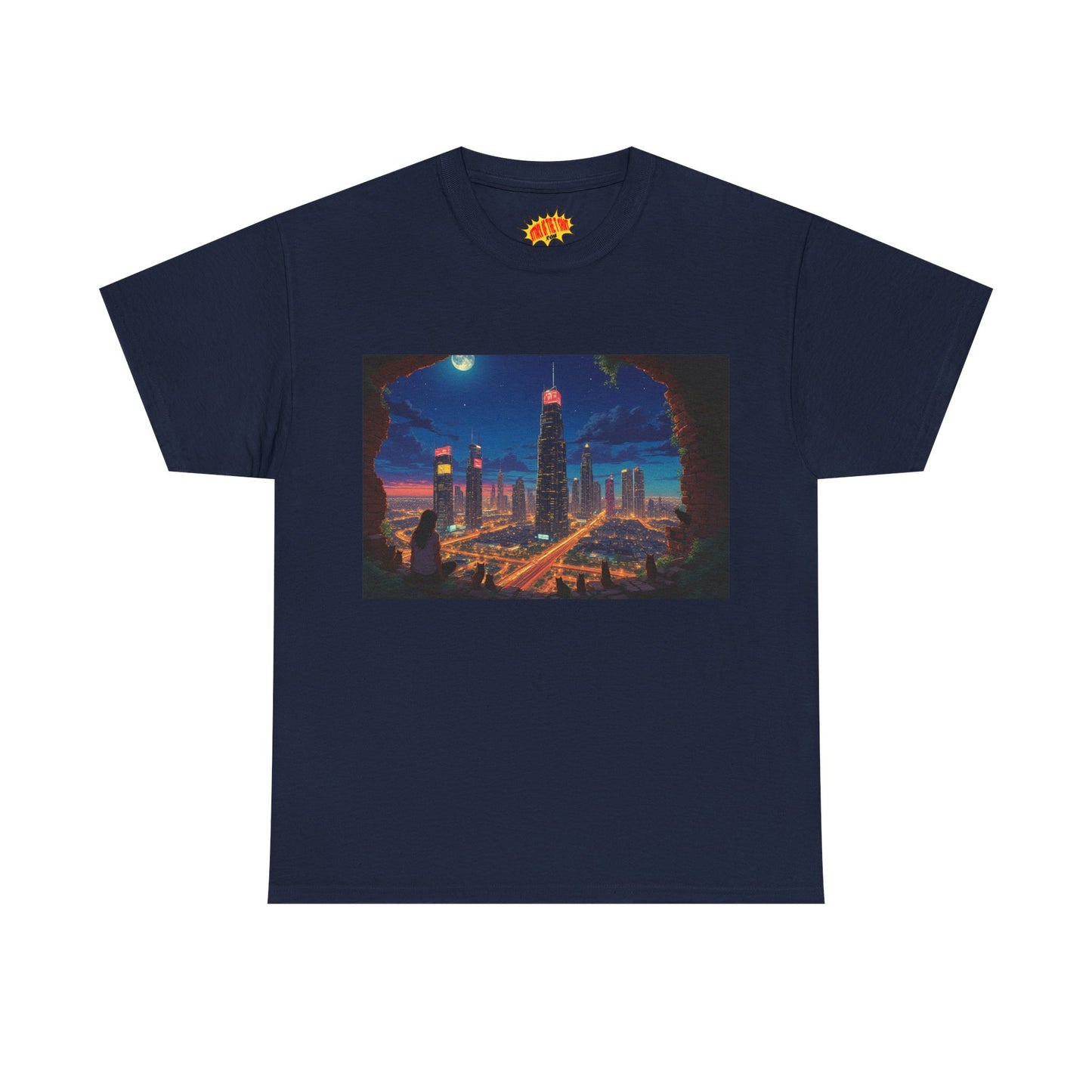 Anime Cityscape Night Scene w/Girl & Cats T-Shirt *Multiple Colors*